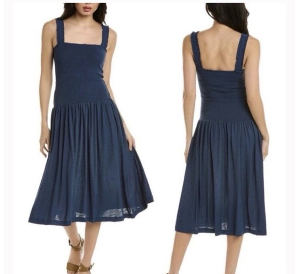 Nation Smocked Midi Dress Blue Pima Cotton Sleeveless Minimalist Size M